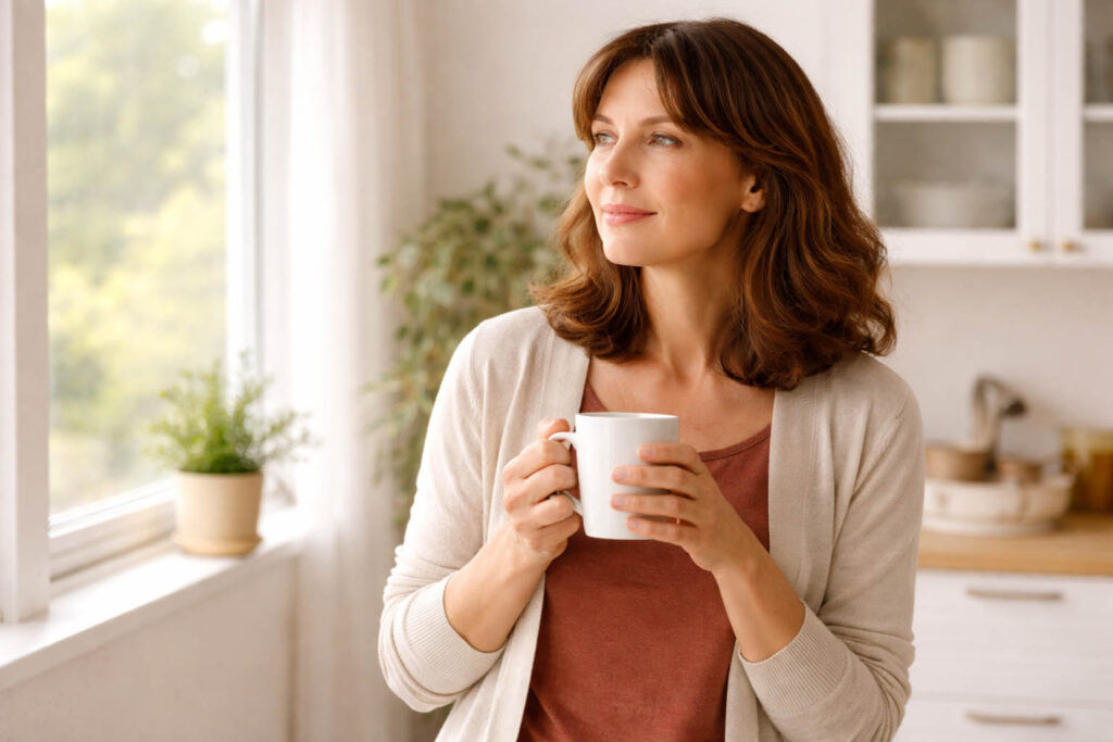 Frau mit Tasse im Sonnenlicht