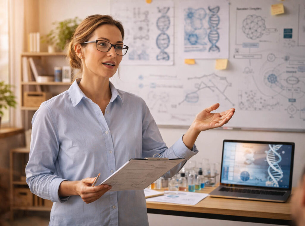 Menschen erklären wissenschaftliche Zusammenhänge zu Gesundheit und Lebensstil