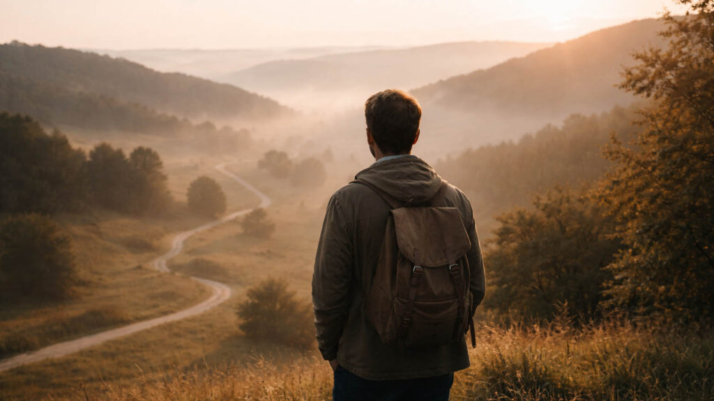 Mann blickt über eine Landschaft mit Wegen und symbolisiert Orientierung im Leben