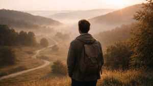 Mann blickt über eine Landschaft mit Wegen und symbolisiert Orientierung im Leben