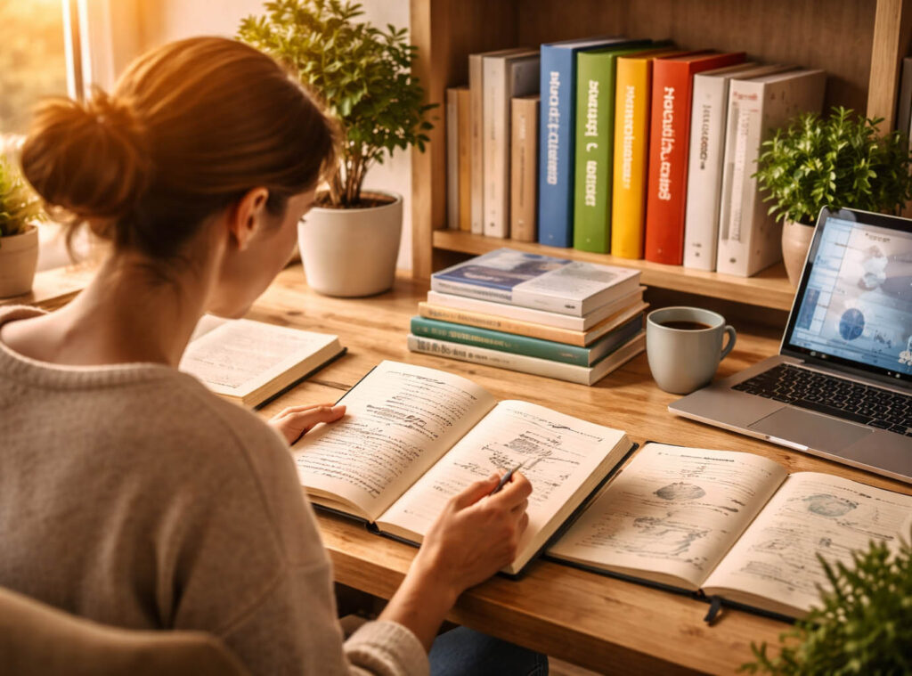 Person vertieft sich in Bücher und Notizen zu Gesundheit und Lebensstil