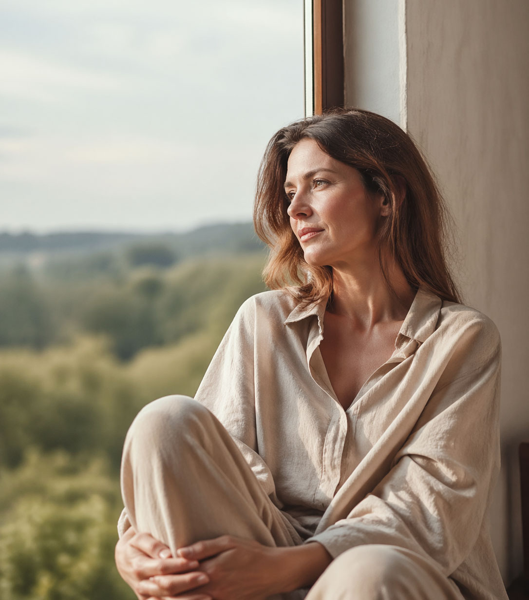 Nachdenkliche Frau am Fenster als Sinnbild für Orientierung, Selbstwahrnehmung und inneren Rhythmus - Chronoprofiling by Anette Pelzer