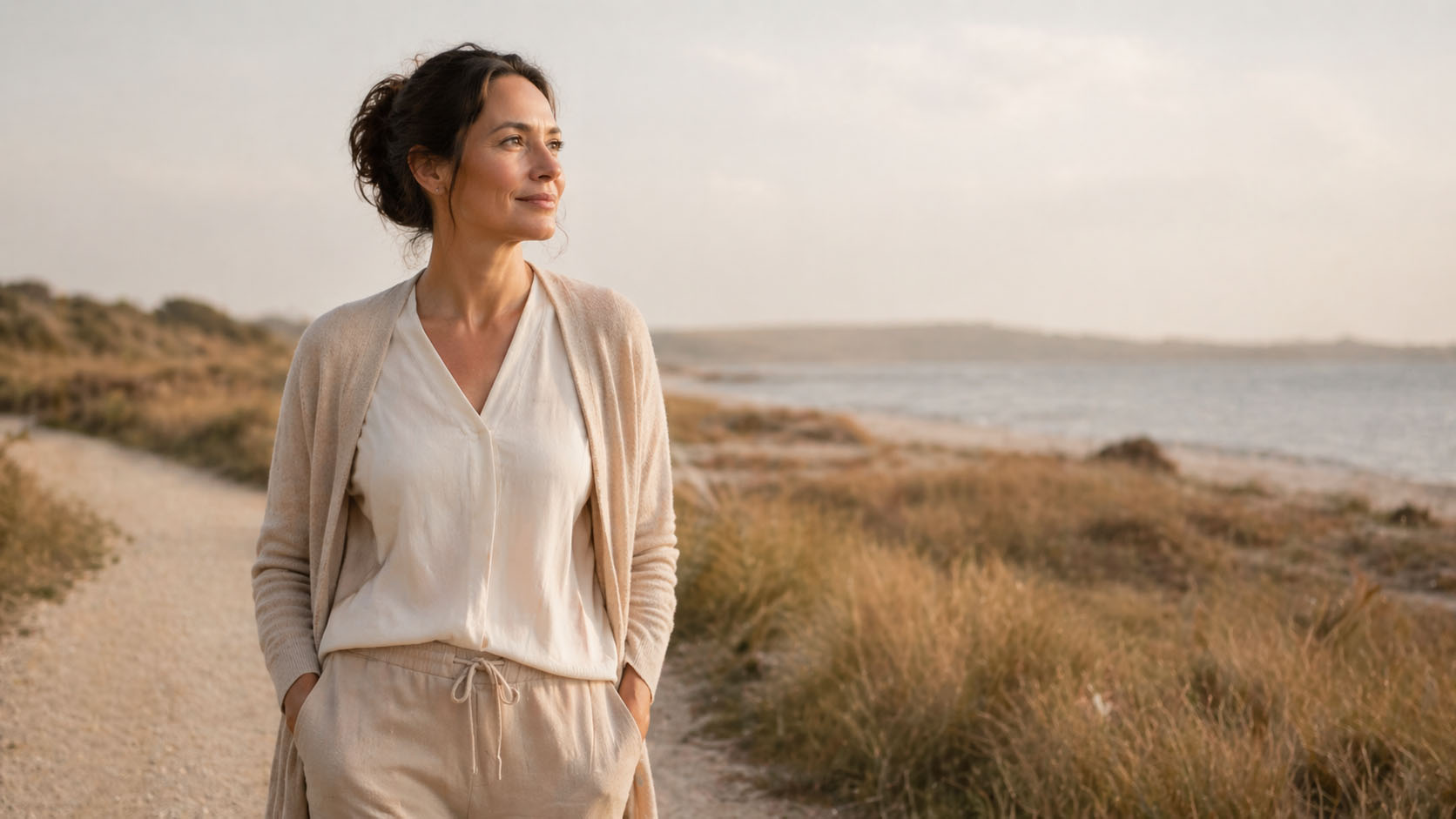 Frau in ruhiger Bewegung in natürlicher Umgebung als Sinnbild für Orientierung, innere Stabilität und die Rückkehr zum eigenen Lebensrhythmus