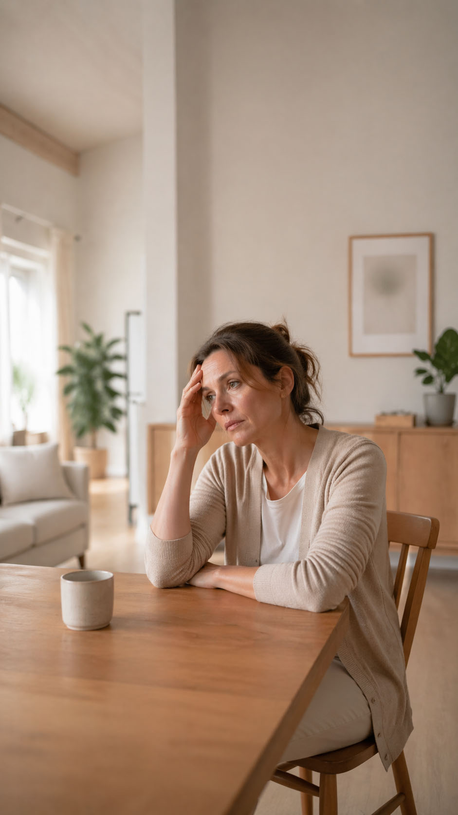 Nachdenkliche Frau in stiller Alltagsszene als Sinnbild für innere Unterbrechung, Desorientierung und verlorenen Lebensrhythmus