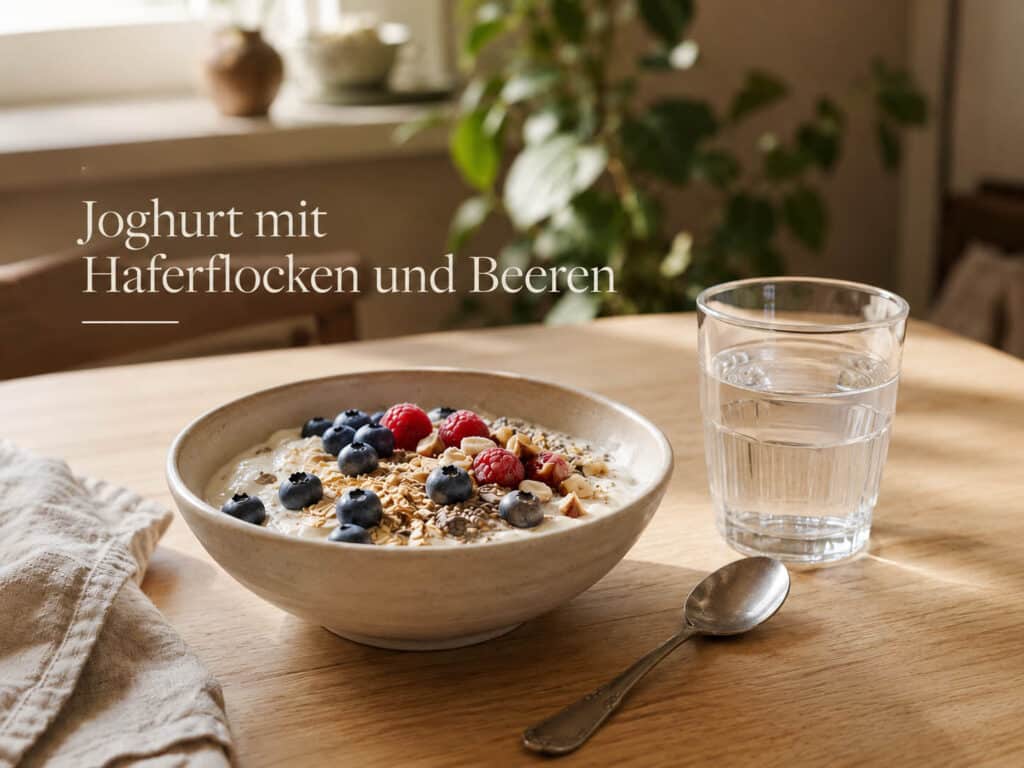 Joghurt mit Haferflocken, Beeren, Nüssen und Samen als einfache Frühstücksidee.