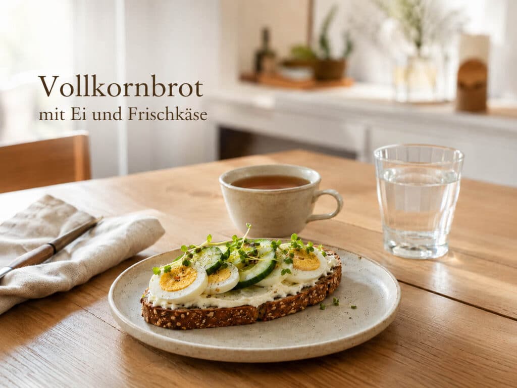 Vollkornbrot mit Ei, Frischkäse und frischem Gemüse als herzhaftes gesundes Frühstück.