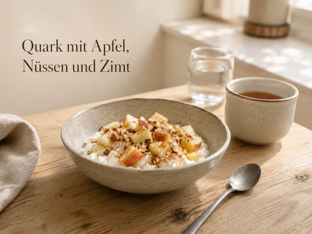 Quark mit Apfel, Nüssen und Zimt als einfache natürliche Frühstücksidee.