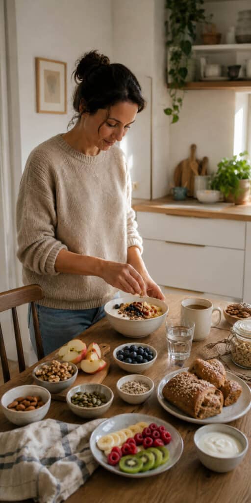 Einfaches gesundes Frühstück mit Joghurt, Haferflocken, Beeren, Nüssen, Wasser und Tee auf einem hellen Küchentisch.