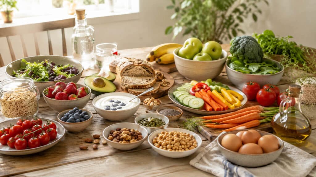 Vielfältige gesunde Lebensmittel wie Gemüse, Obst, Vollkornbrot, Haferflocken, Nüsse, Eier, Joghurt und Wasser auf einem hellen Küchentisch.