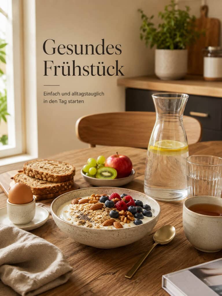 Titelbild für einen Beitrag über gesundes Frühstück mit Haferflocken, Beeren, Joghurt, Vollkornbrot, Ei, Obst und Wasser in heller Küche.
