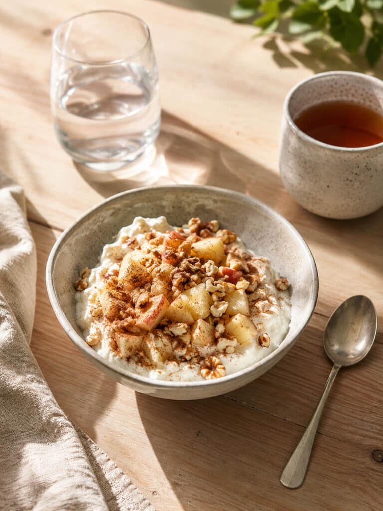 Quark mit Apfelstücken, Nüssen und Zimt als einfache Frühstücksidee auf einem hellen Küchentisch.