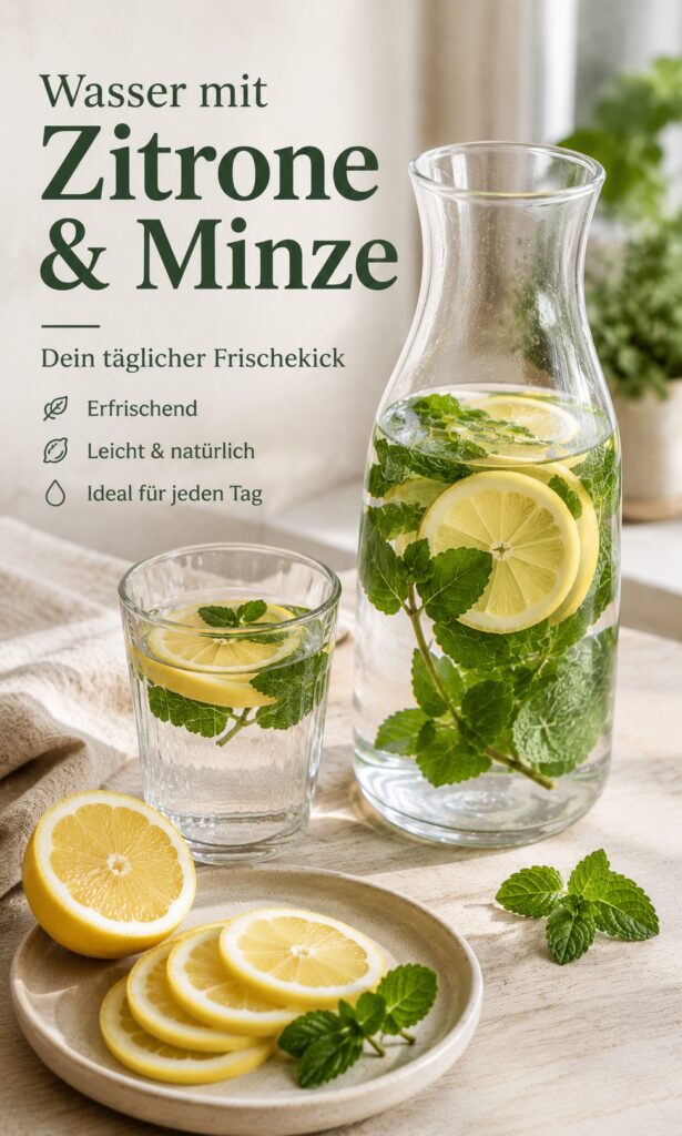 Karaffe und Glas mit Wasser, Zitronenscheiben und Minze als einfache Trinkidee für den Alltag.