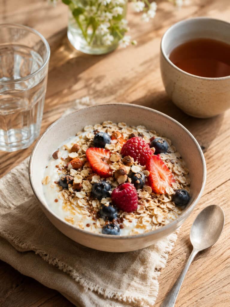 Joghurt mit Haferflocken, Beeren, Nüssen und Samen als einfache Frühstücksidee auf einem hellen Küchentisch.
