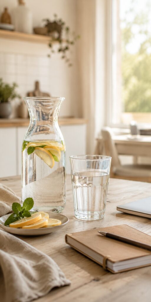 Karaffe und Glas Wasser auf einem hellen Tisch als ruhige Alltagsszene zum Thema ausreichend Wasser trinken.
