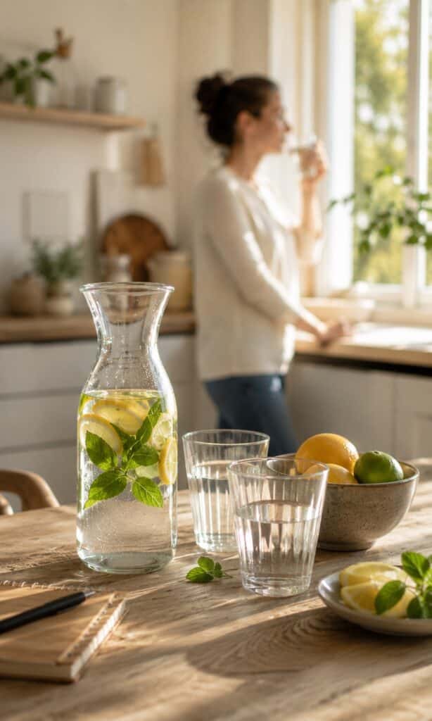 Karaffe mit Wasser, Gläser, Zitrone, Minze und Obst auf einem hellen Küchentisch als Symbol für ausreichend Wasser trinken.