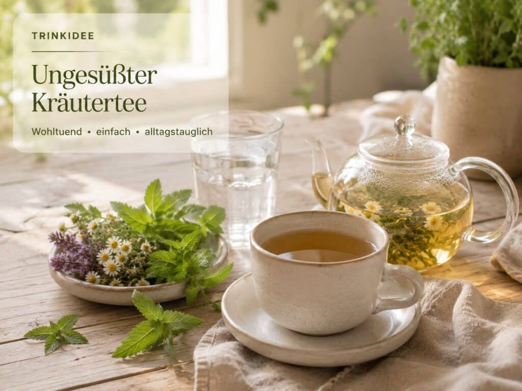 Tasse Kräutertee mit Teekanne und frischen Kräutern als ungesüßte Trinkidee für den Alltag.