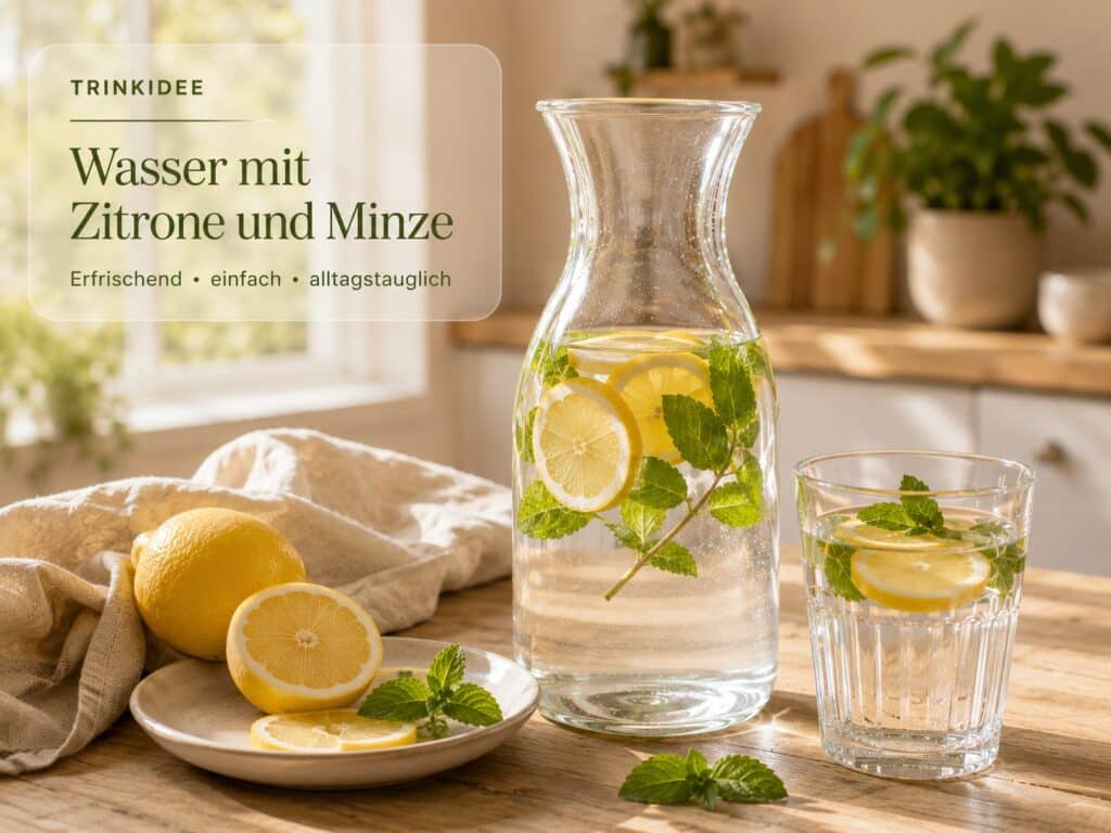 Karaffe und Glas mit Wasser, Zitronenscheiben und Minze als einfache Trinkidee für den Alltag.