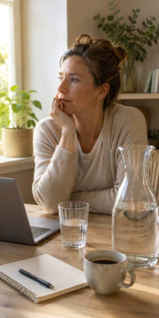 Person an einem hellen Tisch mit Glas Wasser, Karaffe, Kaffee und Notizbuch als Alltagsszene zum Thema Trinken vergessen.