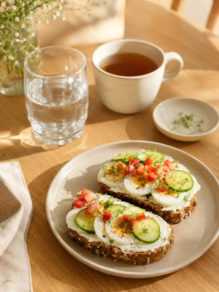 Vollkornbrot mit Frischkäse, Ei und frischem Gemüse als herzhafte Frühstücksidee auf einem hellen Küchentisch.