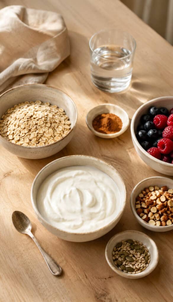 Zutaten für Joghurt mit Haferflocken und Beeren mit Naturjoghurt, Haferflocken, Beeren, Nüssen und Samen auf hellem Tisch.