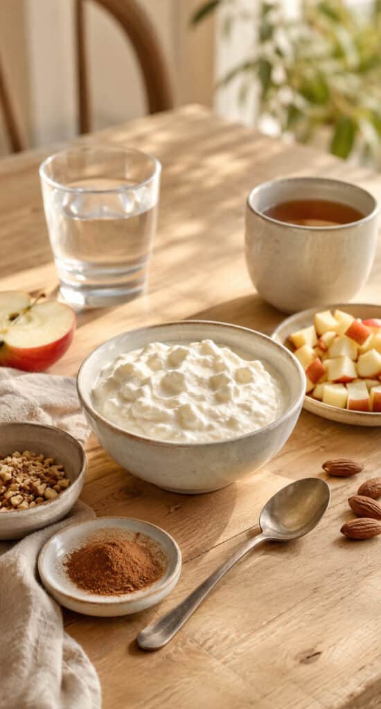 Zutaten für Quark mit Apfel, Nüssen und Zimt mit Quark, Apfelstücken, Nüssen und Zimt auf hellem Tisch.