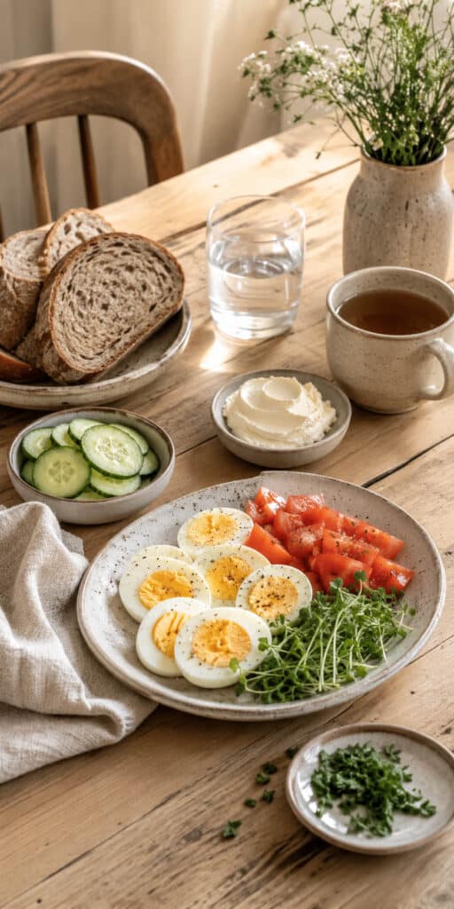 Zutaten für Vollkornbrot mit Ei und Frischkäse mit Brot, Ei, Frischkäse, Gurke, Kresse und Tomate auf hellem Tisch.