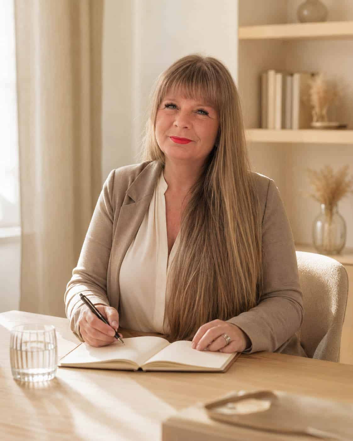 Anette Pelzer sitzt in heller, ruhiger Umgebung an einem Tisch mit offenem Notizbuch und schreibt konzentriert an der Mission von Menschenkompass.