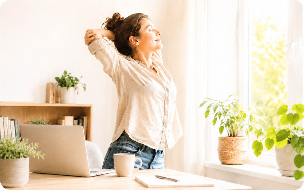 Eine Person macht in einem hellen Raum eine kurze Bewegungspause. Das Bild steht für Bewegung im Alltag, Stressregulation und bewusste Unterbrechungen im Sitzen.