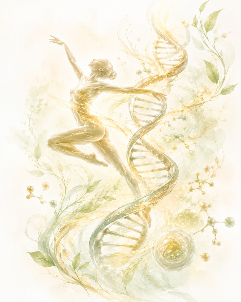 Bewegung und Epigenetik : Stilisierte bewegte Figur mit DNA-Struktur, fließenden Linien, Blättern und Zellformen als Symbol für Bewegung und Epigenetik.