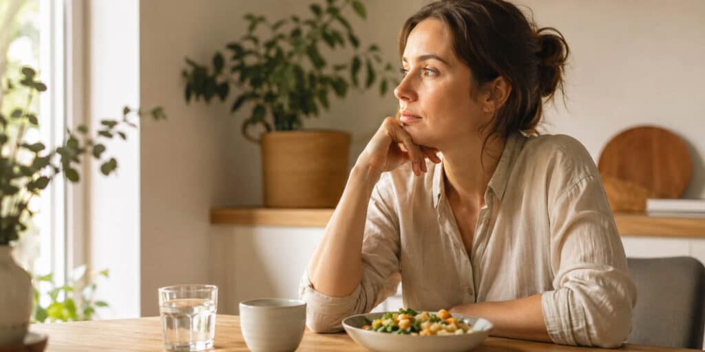 Nachdenkliche Person sitzt an einem hellen Tisch und zeigt den Zusammenhang zwischen Ernährung, Stress und Wohlbefinden im Alltag.