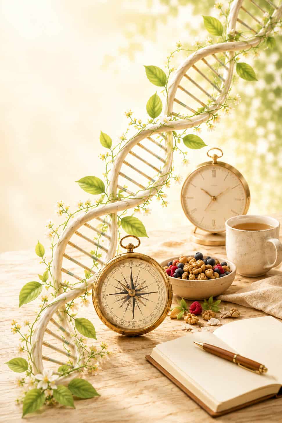 Symbolische Darstellung der Themenbereiche von Menschenkompass mit DNA-Strang, Kompass, Uhr, Ernährung und Notizbuch als Sinnbild für Epigenetik, Chronoprofiling, Ernährung, Gesundheit, Orientierung und persönliche Entwicklung.