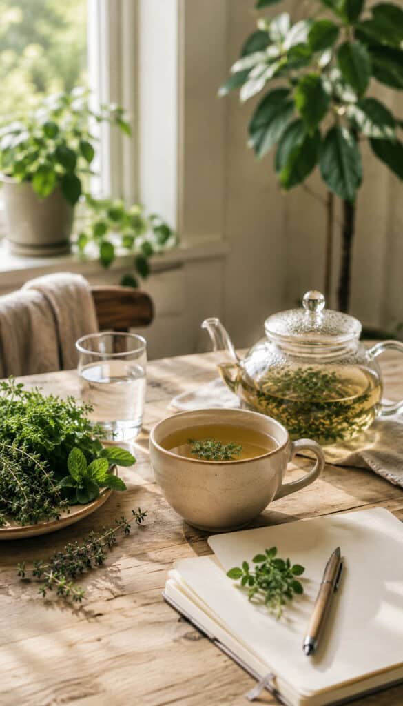 Tasse Kräutertee mit Teekanne, frischen Kräutern und Glas Wasser als warme ungesüßte Trinkidee für den Alltag.