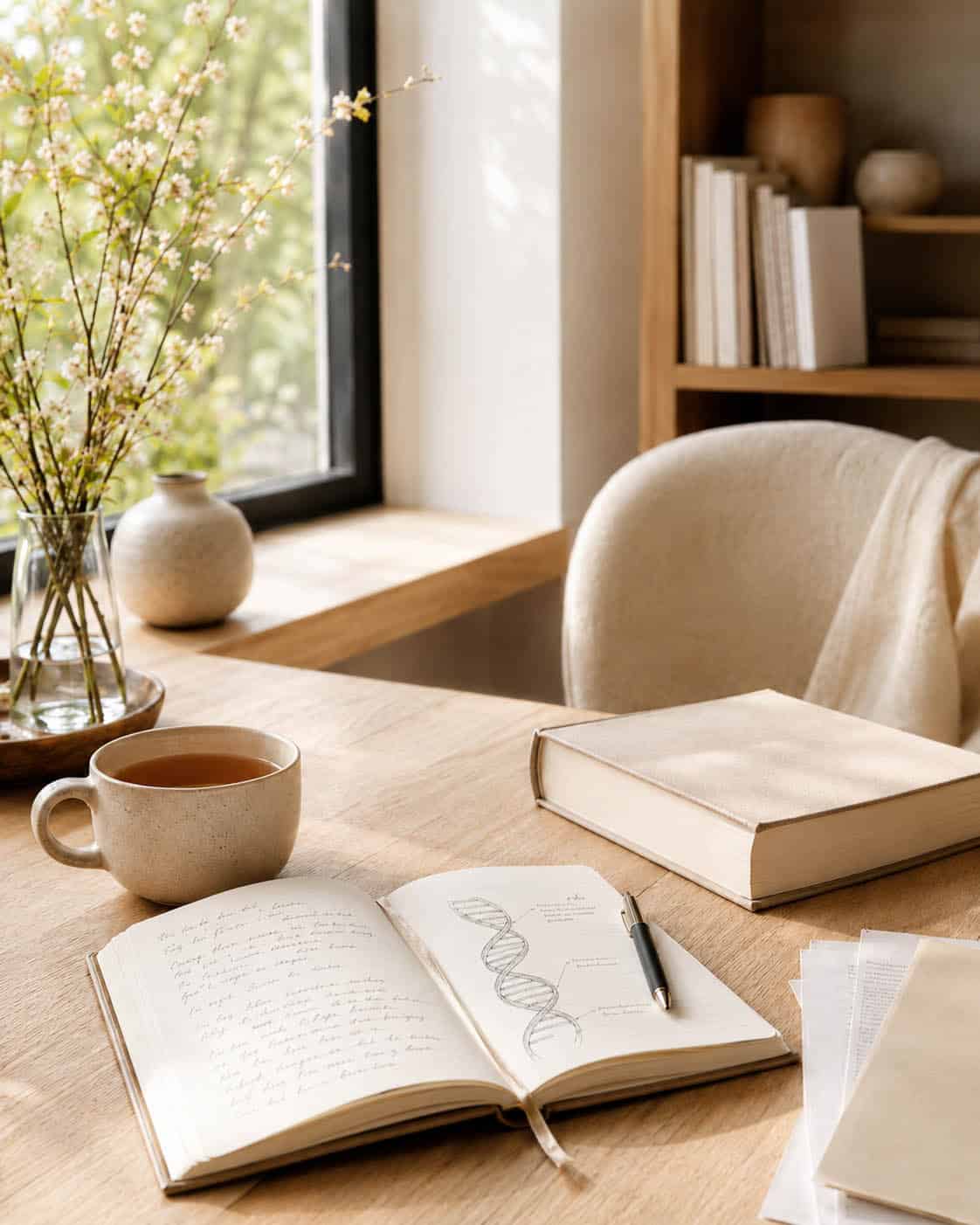 Ruhiger Arbeitsplatz mit Büchern, Notizen und natürlichen Materialien als Symbol für Wissen, Orientierung und das Verständnis von Zusammenhängen.