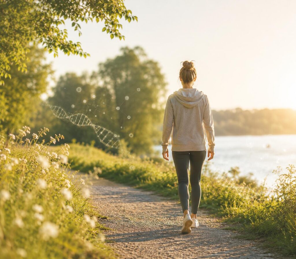 Eine Frau geht bei warmem Licht auf einem Uferweg entlang. Dezente DNA-Strukturen und feine Verbindungslinien symbolisieren Bewegung, Epigenetik und biologische Anpassung.