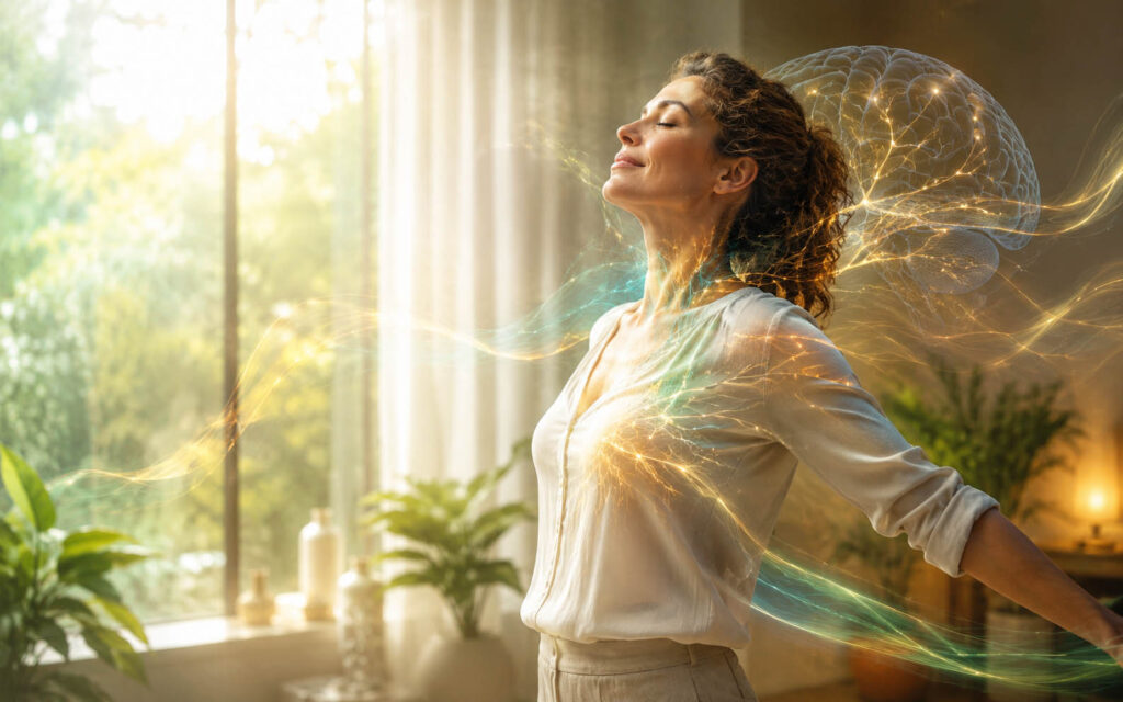 Eine Frau steht in einem hellen Raum am Fenster und öffnet den Brustkorb in einer ruhigen Bewegungspause. Leuchtende Linien und ein angedeutetes Gehirn symbolisieren die Verbindung von Bewegung, Nervensystem und Stressregulation.