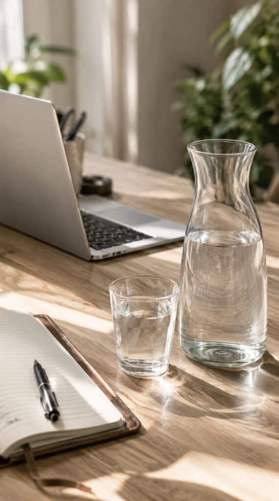 Karaffe und Glas Wasser sichtbar auf einem hellen Schreibtisch als einfache Routine, um mehr Wasser trinken im Alltag umzusetzen.