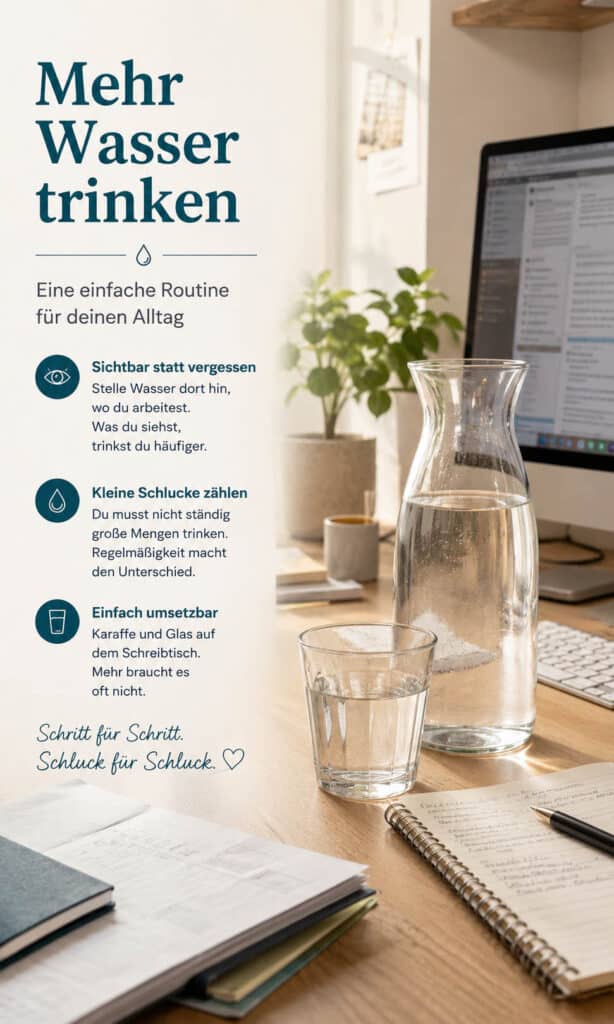 Karaffe und Glas Wasser sichtbar auf einem hellen Tisch als einfache Routine, um mehr Wasser trinken im Alltag leichter umzusetzen.