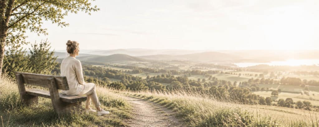 Eine Person nimmt sich Zeit zum Innehalten und blickt in die Ferne. Die Szene symbolisiert den Umgang mit Stress, die Suche nach innerer Ruhe und den Weg zu mehr Resilienz.