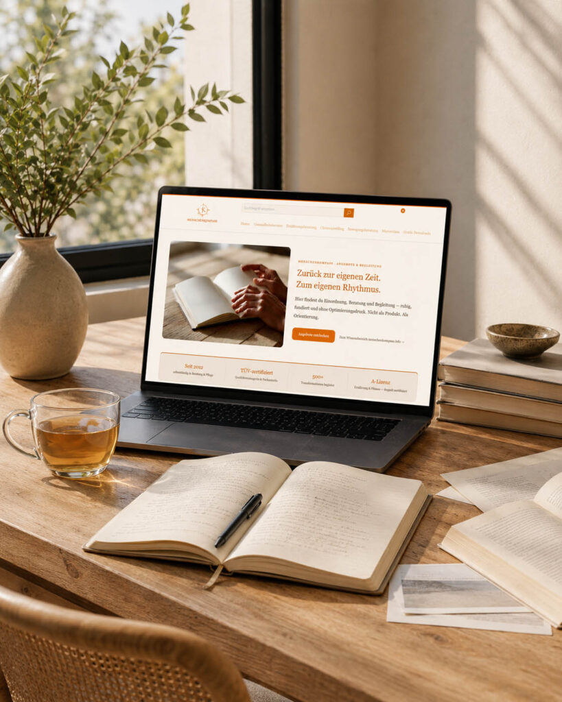 Heller Arbeitsplatz mit Laptop, Notizbuch, Büchern und Tee als Symbol für redaktionelle Leitlinien, sorgfältige Inhalte und verantwortliche Wissensvermittlung bei Menschenkompass.