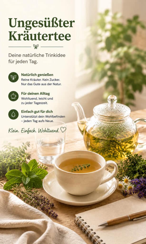 Tasse ungesüsster Kräutertee mit Teekanne und frischen Kräutern als ungesüßte Trinkidee für den Alltag.