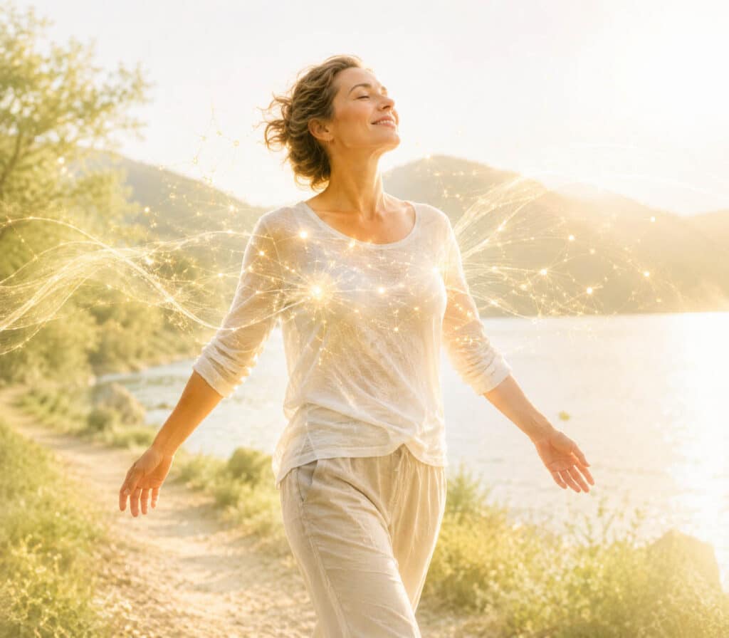 Eine Frau geht in hellem, warmem Licht durch eine natürliche Umgebung. Feine Lichtlinien und dezente Netzwerkstrukturen symbolisieren Bewegung, Stressregulation und Nervensystem.
