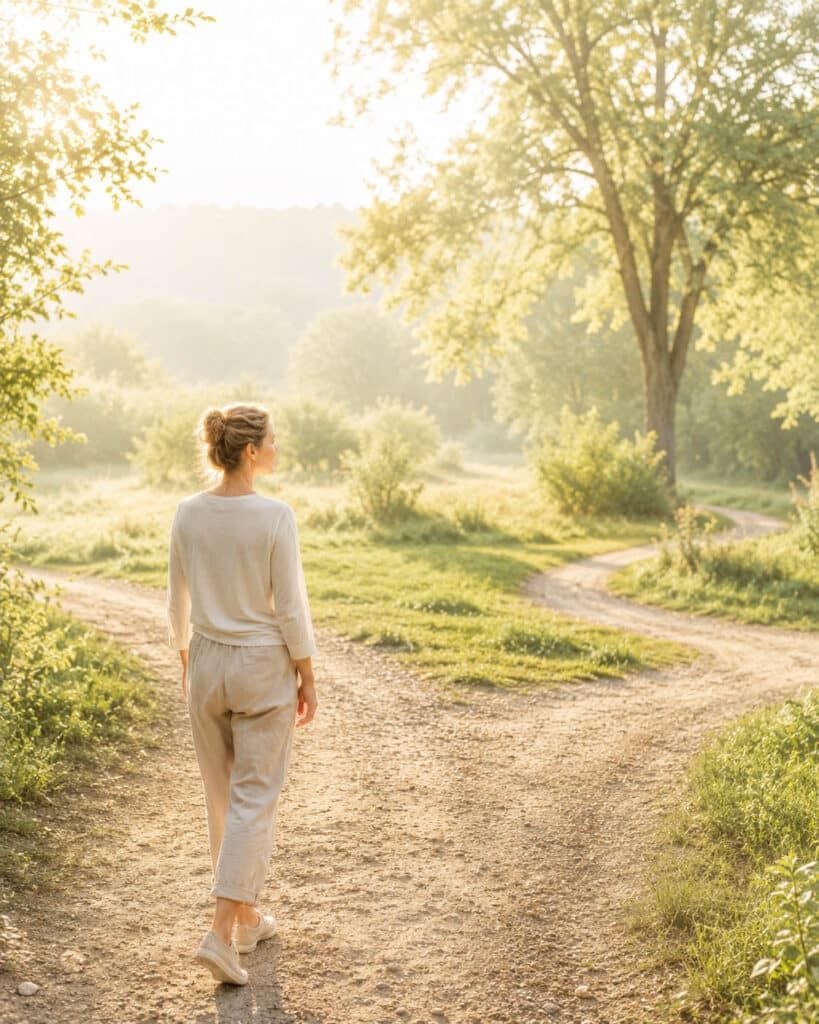 Eine Frau bewegt sich in warmem Morgenlicht auf einem Naturweg mit Weggabelung. Das Motiv unterstützt das Thema Bewegung und Entscheidungen mit Orientierung, Abstand und innerer Klärung.