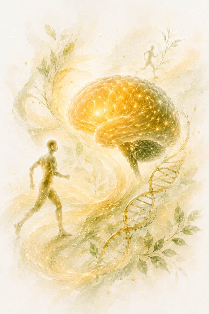 Helles redaktionelles Keyvisual zu Bewegung und Neuroplastizität mit Gehirn, Bewegungssilhouetten, neuronalen Verbindungen, DNA-Struktur und natürlichen Wachstumsformen als Symbol für Lernen, Anpassung und Veränderbarkeit.