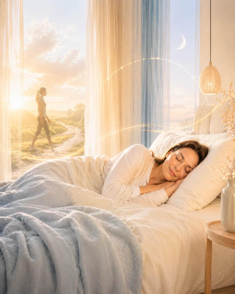 Eine Frau schläft in einem hellen, warmen Schlafzimmer. Im Hintergrund ist eine gehende Person im Tageslicht zu sehen, verbunden durch feine Lichtlinien als Symbol für Bewegung, Schlafrhythmus und Erholung.