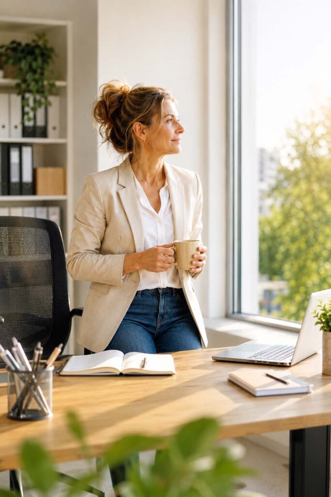 Frau sitzt in einem hellen Büro am Fenster, hält eine Tasse in den Händen und blickt ruhig in warmes Abendlicht.
