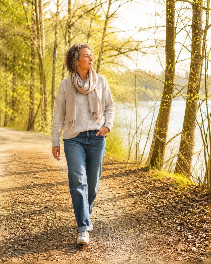 Resilienz und Bewegung – Frau geht entspannt auf einem hellen Waldweg am Wasser entlang, umgeben von warmem Sonnenlicht und natürlicher Ruhe.