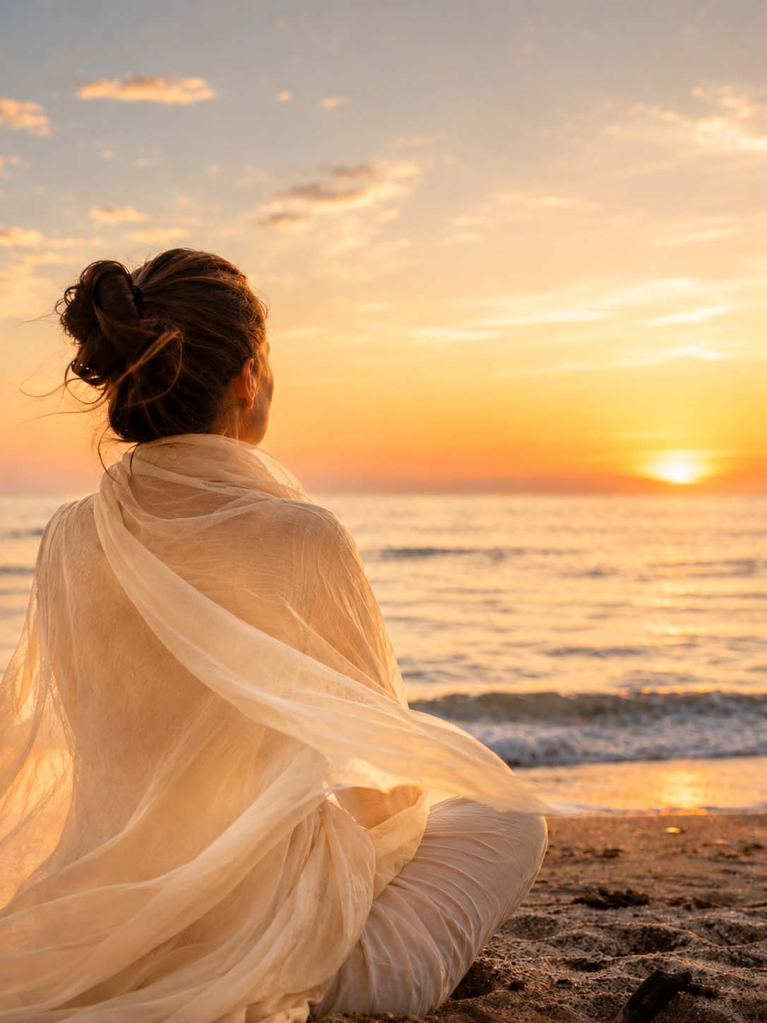 Frau blickt bei warmem Sonnenuntergang ruhig auf das Meer und den weiten Horizont.